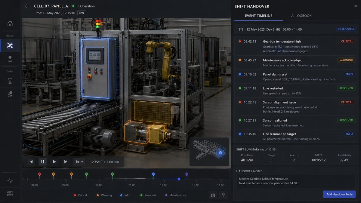Kynemaverse editor view showing a 3D industrial automation cell with highlighted panels and gearbox elements.